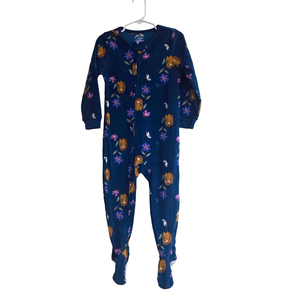 Carters Toddler Girls 3T Navy Blue Fleece Hedgehog Floral Footed Pajamas Sleeper